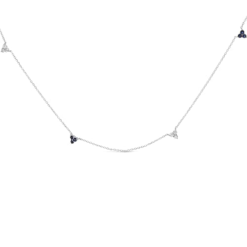 14K White Gold 1/5 Cttw Diamond and Sapphire Trio Cluster Station Necklace