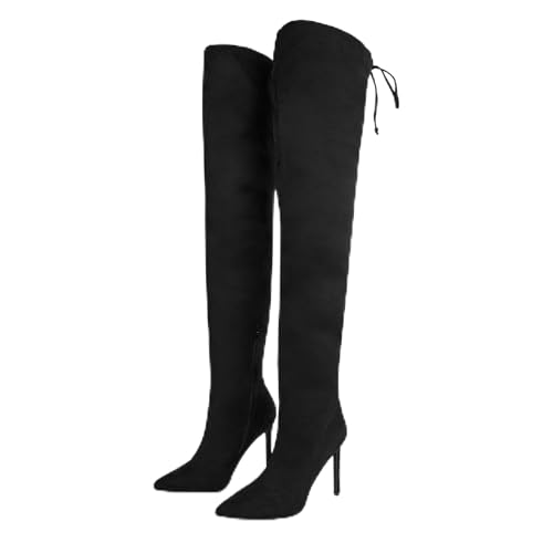 Women's Thigh High Block Stiletto Heel Over The Knee Boots, Faux Suede Elasticity, Long Black Boots, Round Toe&Pointed Toe, Side Zip Sexy Boots for Winter Fall