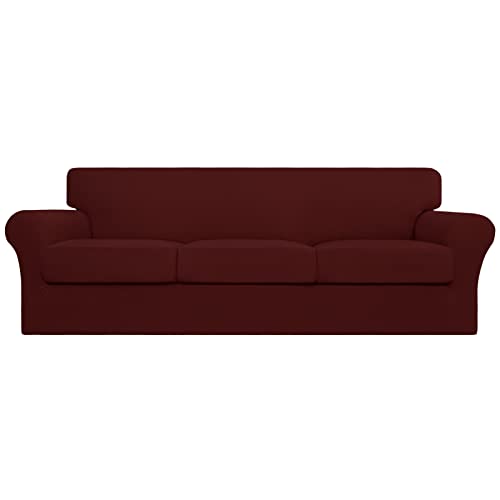 Easy-Going 4 Pieces Stretch Couch Cover Oversized Sofa Cover for Dogs Washable Sofa Slipcover for 3 Separate Cushion Couch Spandex Elastic Furniture Protector for Pets, Kids(Wine, Oversized Sofa)