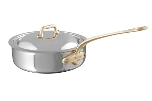 Mauviel M'Cook B 5-Ply Polished Stainless Steel Saute Pan With Lid, And Brass Handle, 3.2-qt, Made In France
