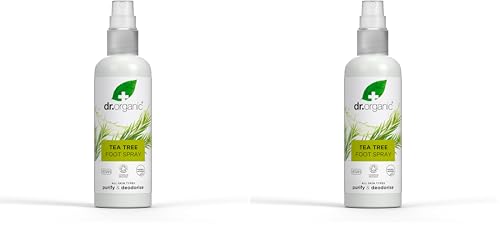 Spray para Pies con Árbol de Té Dr Organic, Desodorante, Secado Rápido, Libre de Aluminio, Vegano, Libre de Crueldad, Sin Parabenos ni SLS, Orgánico Certificado, 100ml (Paquete de 2)