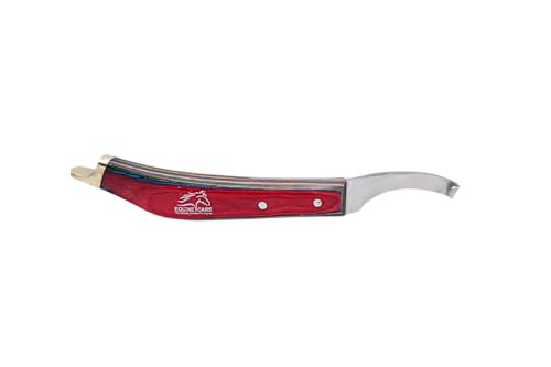 Image of Equine Care Farrier Hoof Knife, Left-Handed, Brass Cap for Horse Shoeing | Left-handed farrier hoof knife with J2 stainless steel blade, notched brass shoe topper, layered handle and flat thumb rest