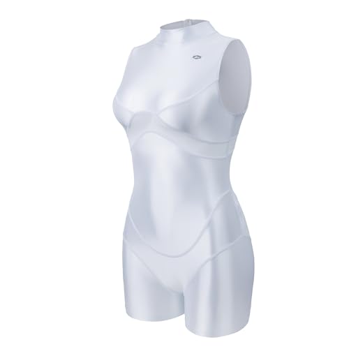 LEOHEX Damen Glänzender Bodysuit Upgrade Seidig Mockneck Mesh-Einsatz Yoga Tanz Gym Rave Badeanzug(Weiß,L)