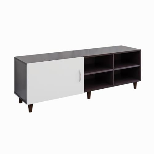 Image of VIKI Modern TV Unit for Living Room | Engineered Wood TV Cabinet with 1 Door Storage & 2 Open Shelves, Entertainment Unit, 140W x 48H x 40D cm | DIY | 1 Year Warranty (Wenge & White)