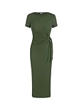CIDER Round Neckline Bowknot Solid Split Midi Dress: Olive Green, S