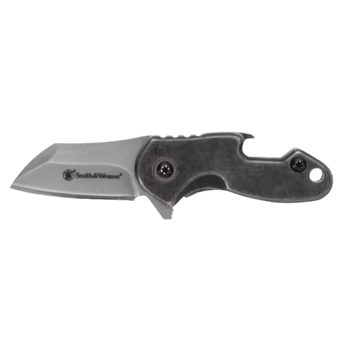 Smith & Wesson Drive 3.25in S.S. Folding Keychain Knife with 1.25in Modified Tanto Blade and Stonewashed Handle for Outdoor, Tactical, Survival and EDC