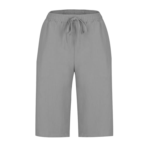 Capri Pants Women Knee Length Summer Beach Linen Bermuda Shorts Drawstring Elastic Waisted Casual Shorts with Pockets3