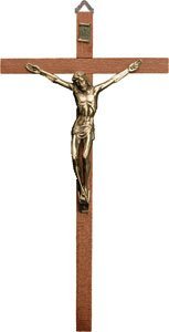 rosarybeads4u 6" Wood CRUCIFIX CROSS Metal Brass Corpus Wall Hanging with Double Heart Brooch in Pewter BW14301