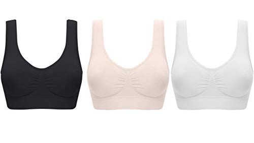 UtopyaUK 3 Pack Comfort Bra Padded Women Girls Crop Top Seamless Sleep in Yoga Bralette Leisure Stretch Sports Vest Wide Straps Value Pack Wire Free (X-Large, White/Black/Nude)