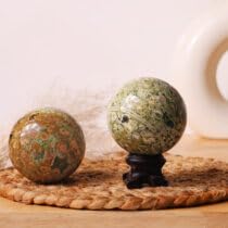 Image of Natural Rainforest Jasper Crystal Ball 180-200 Gm with Wooden Stand | Polished Healing Crystal Sphere for Reiki, Meditation, Feng Shui, Vastu Decor & Crystal Collection