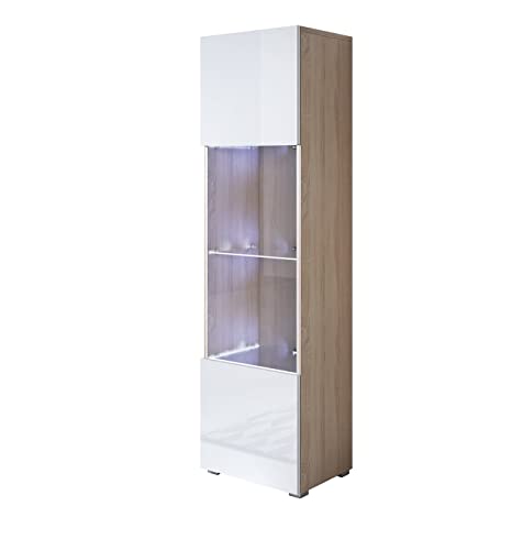 MB Muebles Bonitos | Vitrine Armoire Meuble Luke V6 | Largeur 40 x Hauteur 167 x Profundeur 29 cm | avec LED | Meuble en Mélamine Brilliant (Sonoma Mat) | Modèle avec Pieds 2cm | Sonoma et Blanc Cover