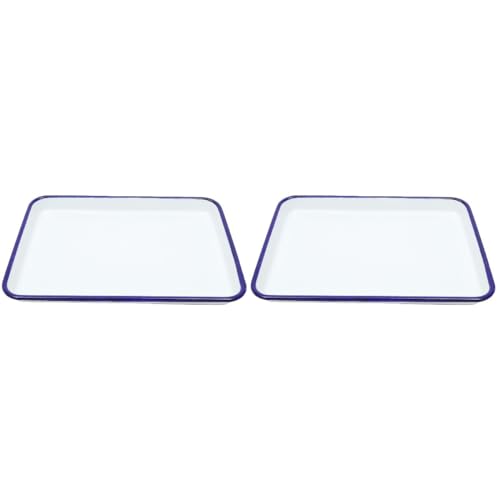 HOLIDYOYO Enamelware Collection: 2pcs 26x18cm Blue Rim Solid White Enamel Baking Cookie Sheet Pans Rectangular Serving Dish Enamel Roasting Baking Tray for Kitchen