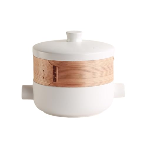 AOUCN日本の蒸し器キャセロール 、蒸し器付きスープポット、蓋付き、多機能、セラミック製、直火、耐熱性、セット、家庭用および業務用 (2.5L ホワイト(蒸し器付き)