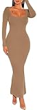 Xuan2Xuan3 Women's Long Sleeve Bodycon Cocktail Dresses for Wedding Guest Square Neck Sexy Rib Fitted Pencil Dress Khaki