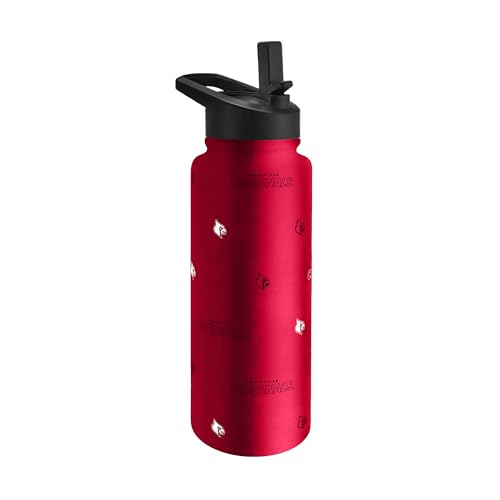 Image of Logo Brands NCAA Louisville Cardinals Step & Repeat 34 oz Stainless Steel Quencher Bottle - All Over Logo Design, No-Spill Lid, Easy Carry Handle - Keeps Drinks Cold For Hours