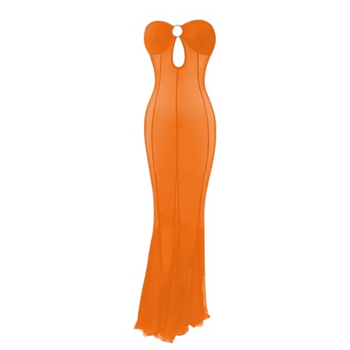 Image of Sexy Sheer Mesh Dresses for Women See Through Maxi Dress Strapless Tube Top Night Party
