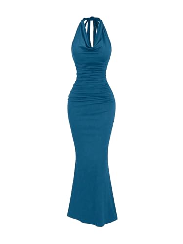Image of GORGLITTER Women's Halter Formal Cocktail Beach Wedding Guest Maxi Dresses | Cinched Waisted Dress, Cowl Neck Dress, Birthday Club Dresses, Date Night Going Out Dress for Women