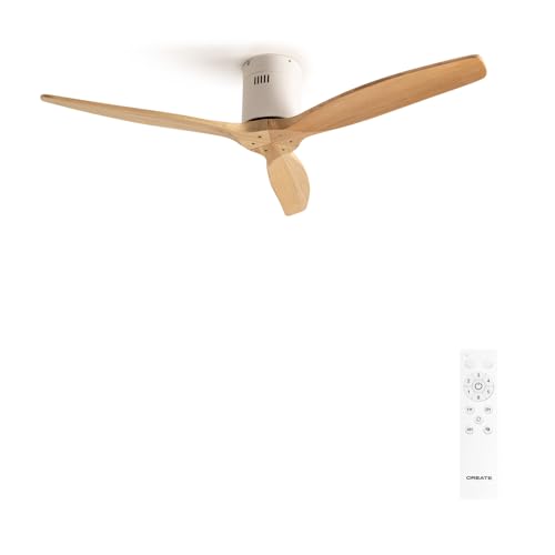 CREATE / WINDCALM NATURAL WOOD M/Ventilador de techo blanco aspas madera clara y mando / 40W, Temporizador, Ø132 cm, 6 velocidades, silencioso, función verano-invierno