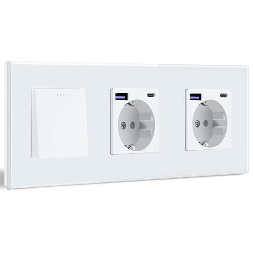 BSEED Interruptor de Pared con Doble Enchufe USB C 20W,1 Gang 2 Vías Interruptor Conmutador+Schuko Enchufe con Cargador Rápido USB Tipo C,Blanco 10A Interruptor de Luz