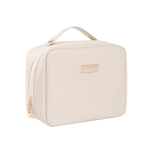 Neceser Maquillaje Viaje,Bolsa de Aseo Grande Impermeable PU,Organizador de Cosmético,Multifuncional y Portátil,con Compartimento para Brochas de Maquillaje, para Uso Diario y Viajes (Beige)