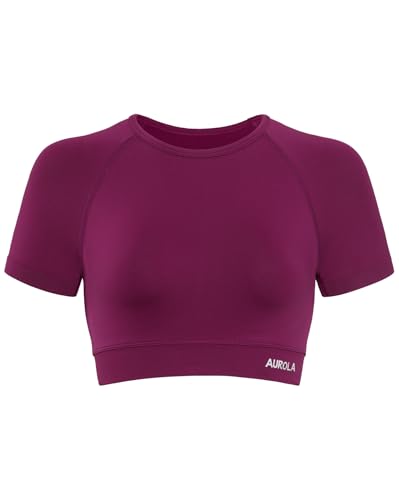 Image of AUROLA Influence Women Crop Top Short Sleeve Compression Workout T-Shirt | Raglan Short Sleeve Crop Top, High-Stretch Seamless Knit, Stay-Put Ribbed Underband, Soft Breathable Comfort