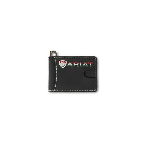 ARIAT Men's Genuine Leather Mexico Flag Emboridery Bifold Money Clip Wallet