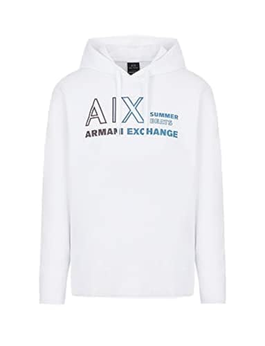 Armani Exchange Men's Organic Cotton French Terry Seasonal Summer Beats Basic Hoodie, White, Extra Small