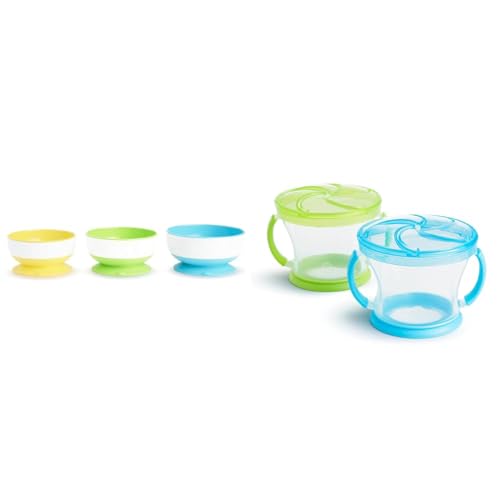 Image of Munchkin® Stay Put™ Suction Bowls for Babies and Toddlers, 3 Pack, Blue/Green/Yellow & ® Snack Catcher® Toddler Snack Cups, 2 Pack, Blue/Green