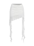 Verdusa Women's Ruched Ruffle Trim Asymmetrical Bodycon Mini Mesh Skirt Sexy Skirt Going Out White Ruffle Large