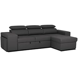 BUDWING John Hogar Sofá Cama 3 Plazas o 4 Plazas Chaise Longue Derecha o Izquierda Esquinero Reposacabezas Ajustable 2 Puffs Negro Salon Decoración de Hogar Polipiel Piel Sintética Negro