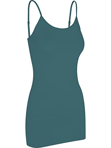 Pure Look Women's Spaghetti Strap Stretch Cotton Long Cami Camisole Tank Top, Small, Teal