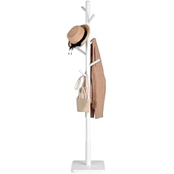 Perchero Madera Maciza VASAGLE Perchero, Perchero de Madera Maciza, Perchero de Pie con 8 Ganchos para Abrigo, Sombrero, Bolso, Cartera, para Entrada, Pasillo, Ganchos y Mástil de Madera de Caucho, Blanco Nube RCR010W02