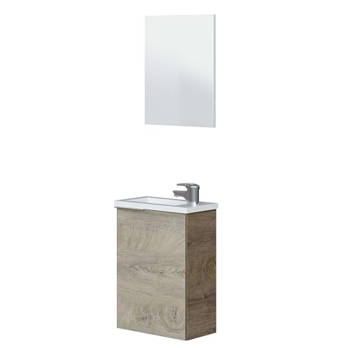 ARKITMOBEL Mueble de Baño con Espejo y Lavabo, Modulo Suspendido, Color Roble Alaska, 40x58x22 (AnchoxAltoxFondo en cm), Modelo Compact