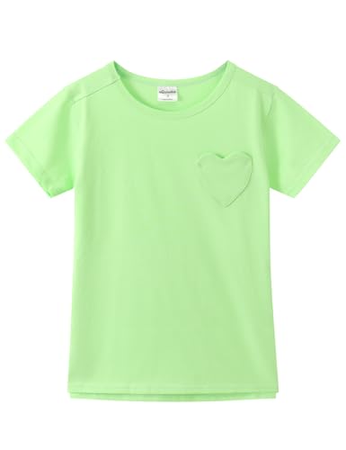 Image of Noomelfish Girls Short Sleeve Heart Pocket T-Shirts Casual Cotton Tee Tops Blouse (5-12 Years)