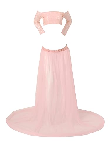 TTAO Vestido de maternidad Sesión de Fotos Hombros Descubiertos Gasa Tul Sirena Ropa Larga Embarazada Ropa Festiva Boda Elegante Vestidos de Noche Ropa de Maternidad, Rosa., M