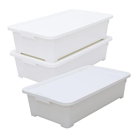 ASTAGE 25qt Stackable Rolling Storage Tote Plastic Bins Under bed Storage Box Home Organizer Opaque Storage Box with Lids for Closet Garage Office - 3pack (White) Cover