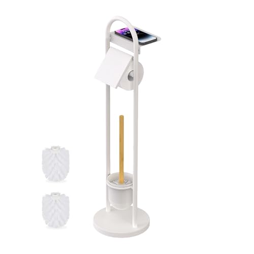 Relaxdays WC Garnitur, HxBxT: 79 x 21,5 x 21,5 cm, stehender Klopapierhalter mit Ablage & Toilettenbürste, weiß/Natur