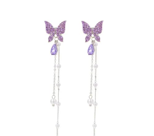 KuchhBhiKharido Purple Butterfly Crystal Dangle Earrings with Pearl Tassel Chain