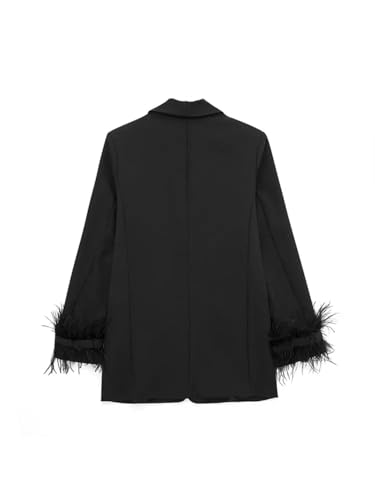 Women Satin Black with Feather Blazer Vintage Notched Neck Single Button Long Sleeves Jacket2