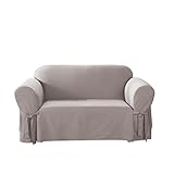 SureFit Cotton Duck Loveseat Box Cushion One Piece Slipcover, Furniture Cover, Relaxed Woven Fit, 100% Cotton, Machine Washable, Gray