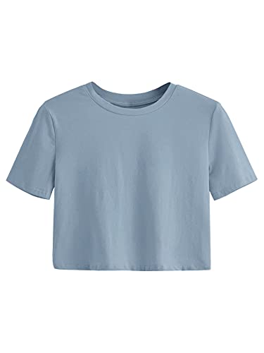 SweatyRocks Women s Casual Short Sleeve Crew Neck Basic Crop Top T Shirts Dusty Blue L