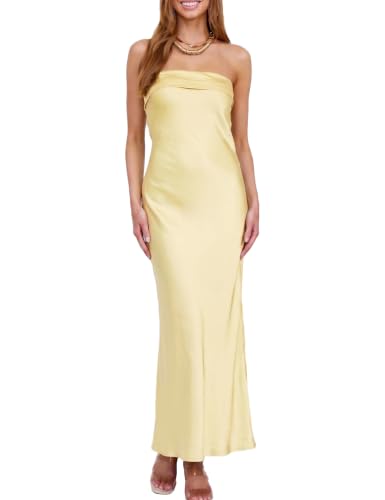 Image of Realtix Summer Satin Strapless Backless Maxi Dress for Women Wedding Guest