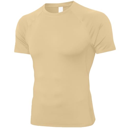 SPVISE Beige Short Sleeve Tight Compression Shirts for Men, Quick Dry Cooling Sport Yoga T-Shirt, Athletic Workout Base Layer