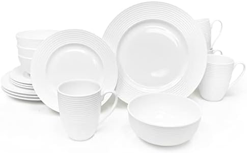 Bone China 16 Piece Dinnerware set, Service for 4, White Embossed Circle, Microwave Safe, Translucent Elegant giftware, formal Dish set, Essential Home, Everyday Living, Kitchen Dishes, Dinner Set