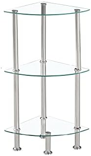Modernique Glass Shelf Tier Storage Unit, Corner in Black or Clear Glass with Chrome Stand, Shelving Unit (Clear, Tier 3)
