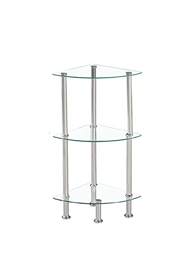 Modernique Glass Shelf Tier Storage Unit, Corner in Black or Clear Glass with Chrome Stand, Shelving Unit (Clear, Tier 3)