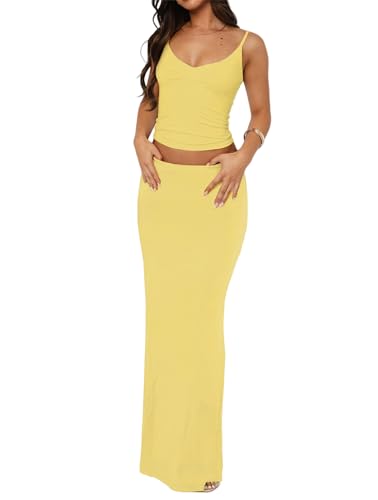 Image of Two Piece Skirt Set for Women - Sexy Sleeveless Spaghetti Strap Pleated Tank Top Maxi Long Skirts Sets