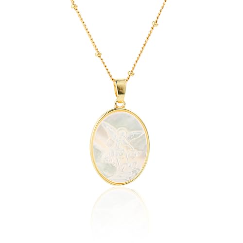 Archangel Michael Necklace Gold - St Michael Pendant Mother of Pearl Shellfish,Saint Michael Religious Protection Victory Amulet,Catholic Christian Jewelry Gift for Women Men