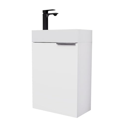 Planetmöbel Waschtisch mit Unterschrank 40 cm Waschbeckenunterschrank, Badmöbel-Set mit Waschbecken für kleine Bäder, Gäste WC, Weiß (inkl. Armatur schwarz matt)