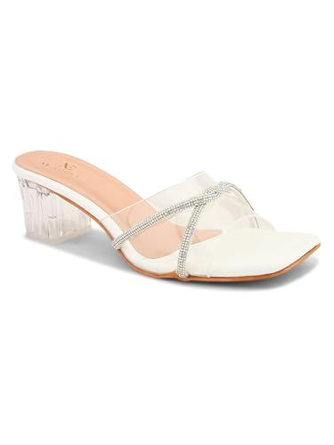 Image of XE Looks Patent Block Heels with Transparent Straps | Rhinestone Embellished Upper | Stylish Square Toe Sandals | Glossy Block Heels for Girls